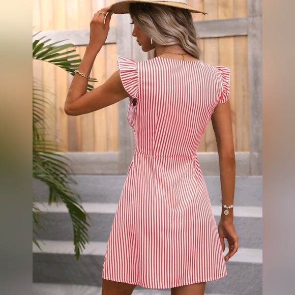 New Beachy Stripe Plunge Button Shirt Dress Red White - Picture 5 of 8